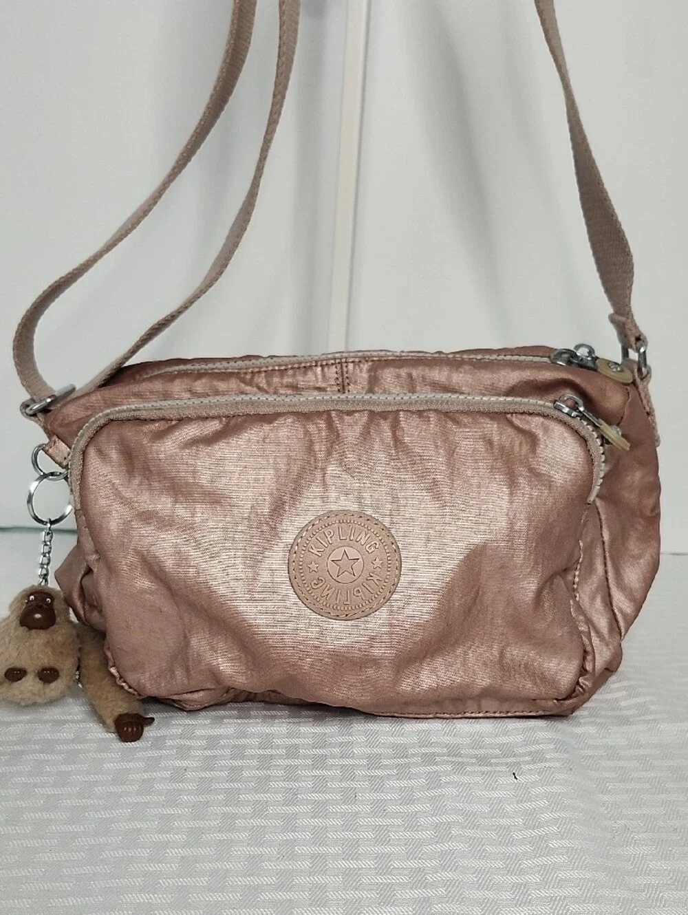 Kipling Rose Metallic Bag With  Monkey Keychain